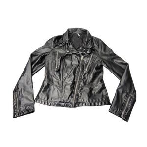 Free People Faux Leather Jacket Womens Size 12 Vintage Black Zippers Pockets